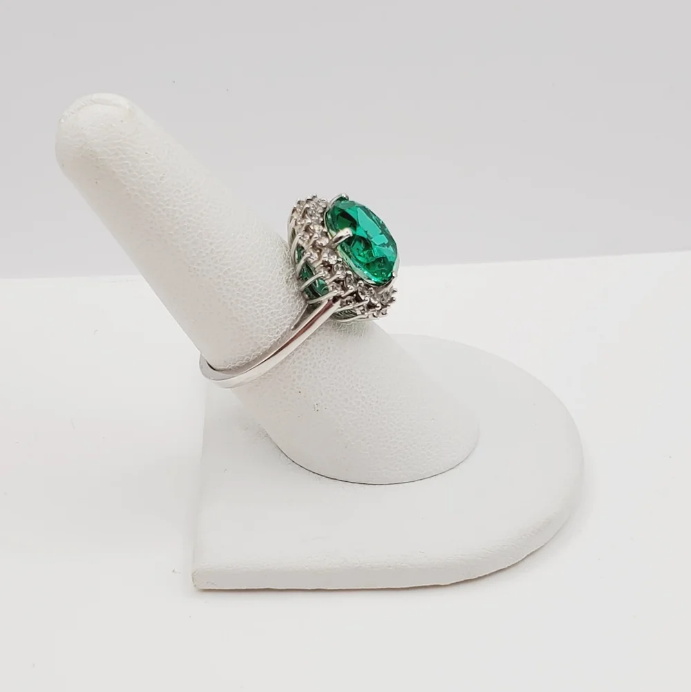 Emerald Green Quartz & White Zircon Sunburst Halo Ring Platinum Over Silver